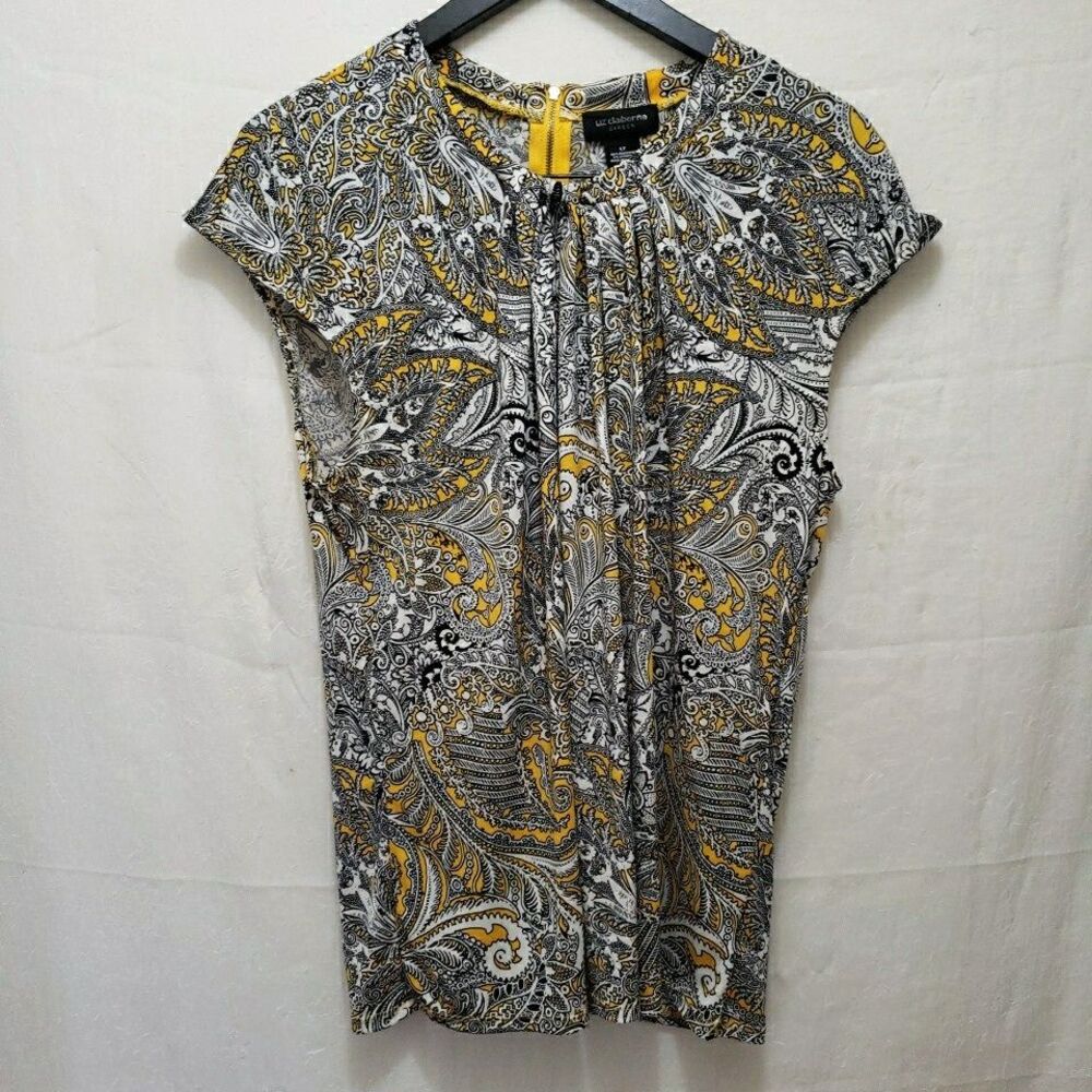 Liz Claiborne Career Blouse Large LT Yellow Black Paisley Pleated Back Zip Top